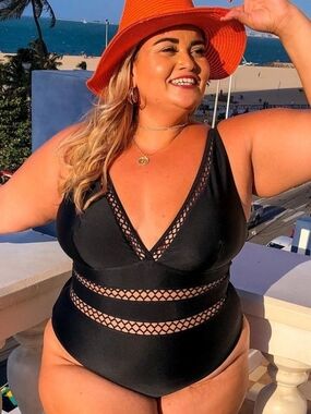 *SALE 2/$20* Black Lattice Plunge V-neck One Piece Swimsuit Plus Size 2X